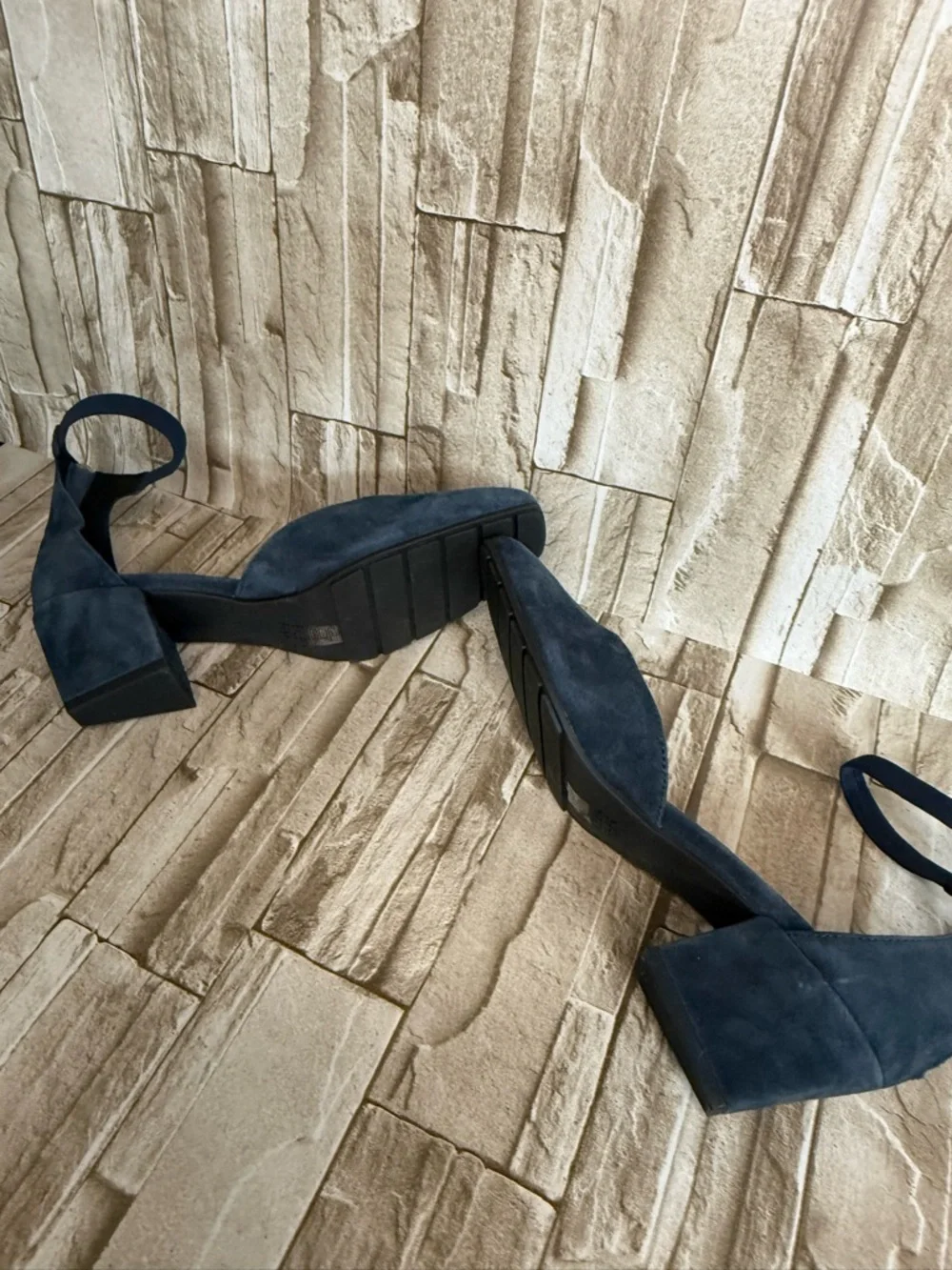 Eileen Fisher Navy Suede Square-Toe Ankle-Strap Block Heels - Picture 6 of 6